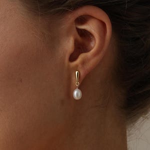 May include: A pair of gold earrings with a single pearl dangling from each earring.