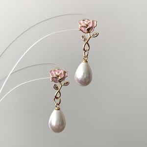 Rose Blossom Pearl Drop Earrings-Gold Drop Earrings Wedding-Pearl Bridal Earrings Drop For Women-Sophisticated Pearl earrings