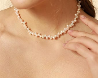 Collar clásico de perlas barrocas con pétalos - Gargantilla de perlas naturales de 4-5 mm bañada en oro - Collar de perlas para novias - Regalo de cumpleaños