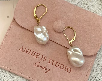 Genuine Large Baroque Pearl Hoop Earrings-Gold Filled Hoop Earrings-Gold Pearl Earrings For Women-Wedding Bridal Pearl Earrings