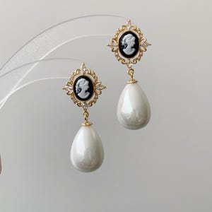 Vintage Large Pearls Cameo Earrings-Gold Drop Earrings Wedding-Pearl Bridal Earrings Drop For Women-Sophisticated Pearl earrings