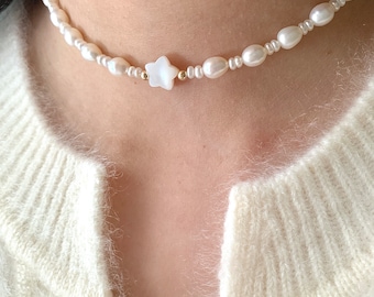 Star Shell and Pearls Necklace- Freshwater Pearls Choker For Women-Beaded Pearl Choker