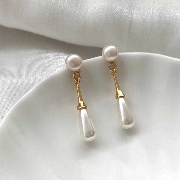 Boucles d'oreilles pendantes en perles pour mariée - Boucles d'oreilles demoiselle d'honneur - Boucles d'oreilles classiques en forme de larme plaquées or 14 carats - Boucles d'oreilles de mariage en perles - Ensemble de bijoux de mariée