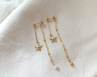 Starfish and Chain Drop Earrings-Gold Filled Pearl Earrings-Dainty Gold Pearl Earrings