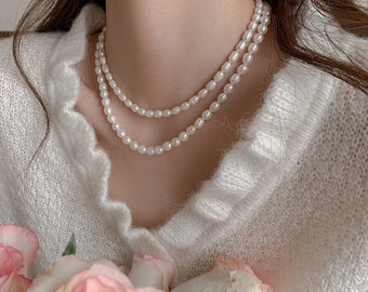 Classic Rice Pearls Necklace- Freshwater Pearls Choker-Rice Pearls Bracelet-Two wears in one
