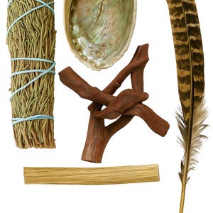 Smudging Kit with Desert Sage, Abalone Shell and Wooden Stand, Palo Santo & Feather | Energy Cleansing Ritual Set | Spiritual Tools