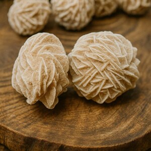 May include: A group of tan-colored desert rose crystals on a wooden surface. The crystals are smooth and have a delicate, layered texture.