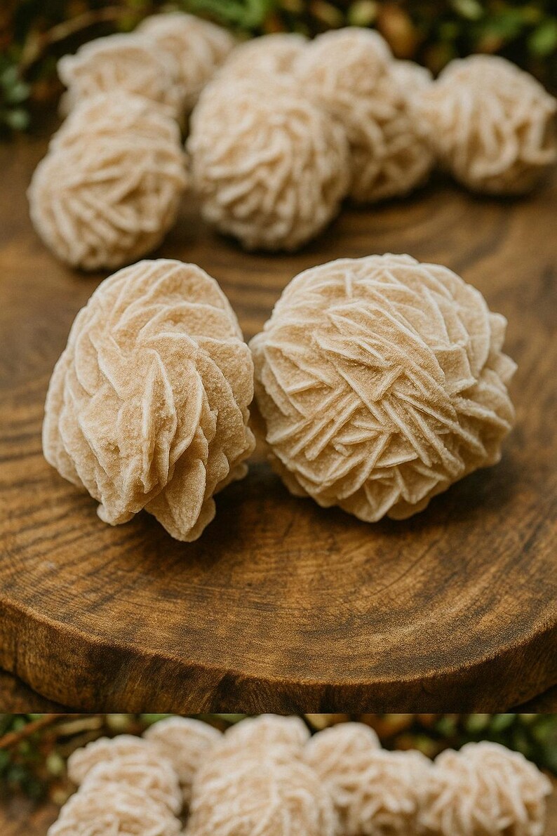 May include: A group of tan-colored desert rose crystals on a wooden surface. The crystals are smooth and have a delicate, layered texture.
