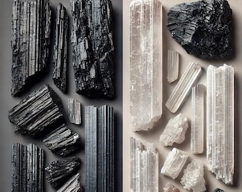 Juego de varitas de cristal de turmalina negra cruda y selenita (15 cm)