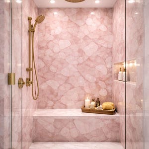 Puede incluir: Una lujosa ducha con paredes de mármol rosa y un banco a juego. La ducha cuenta con un cabezal de ducha y accesorios dorados, con una puerta de cristal. Una bandeja de madera con velas y artículos de tocador se encuentra en el banco.