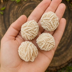 May include: Four beige desert rose stones, also known as selenite, in the palm of a hand. The stones are round and have a delicate, layered texture.