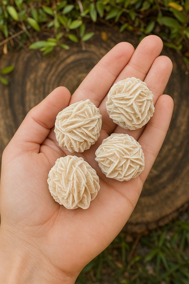 May include: Four beige desert rose stones, also known as selenite, in the palm of a hand. The stones are round and have a delicate, layered texture.