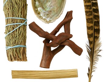 Smudge Set - Premium Abalone Shell, Blue Sage Smudge Stick, Palo Santo Wood, Smudging and Feather 10-12&quot; , 6&quot; Tripod Stand & Instructions.