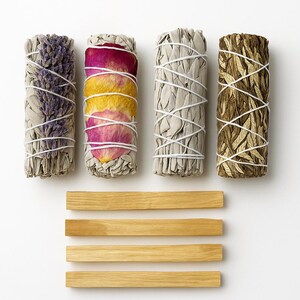 Smudging Kit with White Sage, Floral Sage, Lavender, Yerba Santa & 3 Palo Santo Sticks | Energy Cleansing , Ritual Set
