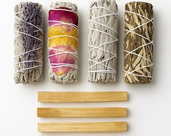 Smudging Kit with White Sage, Floral Sage, Lavender, Yerba Santa & 3 Palo Santo Sticks | Energy Cleansing , Ritual Set