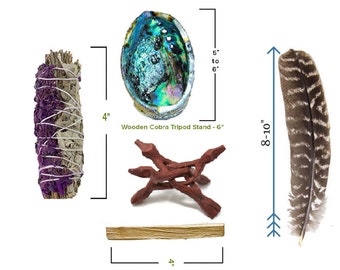 May include: A smudging kit with a white sage smudge stick, a wooden tripod stand, an abalone shell, and a feather. The smudge stick is 4 inches long, the stand is 6 inches wide, the shell is 5 to 6 inches tall, and the feather is 8 to 10 inches long.