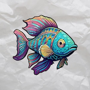 Pegatina de pez psicodélico alucinante: vinilo troquelado, arte animal extraño para portátil, botella y diario