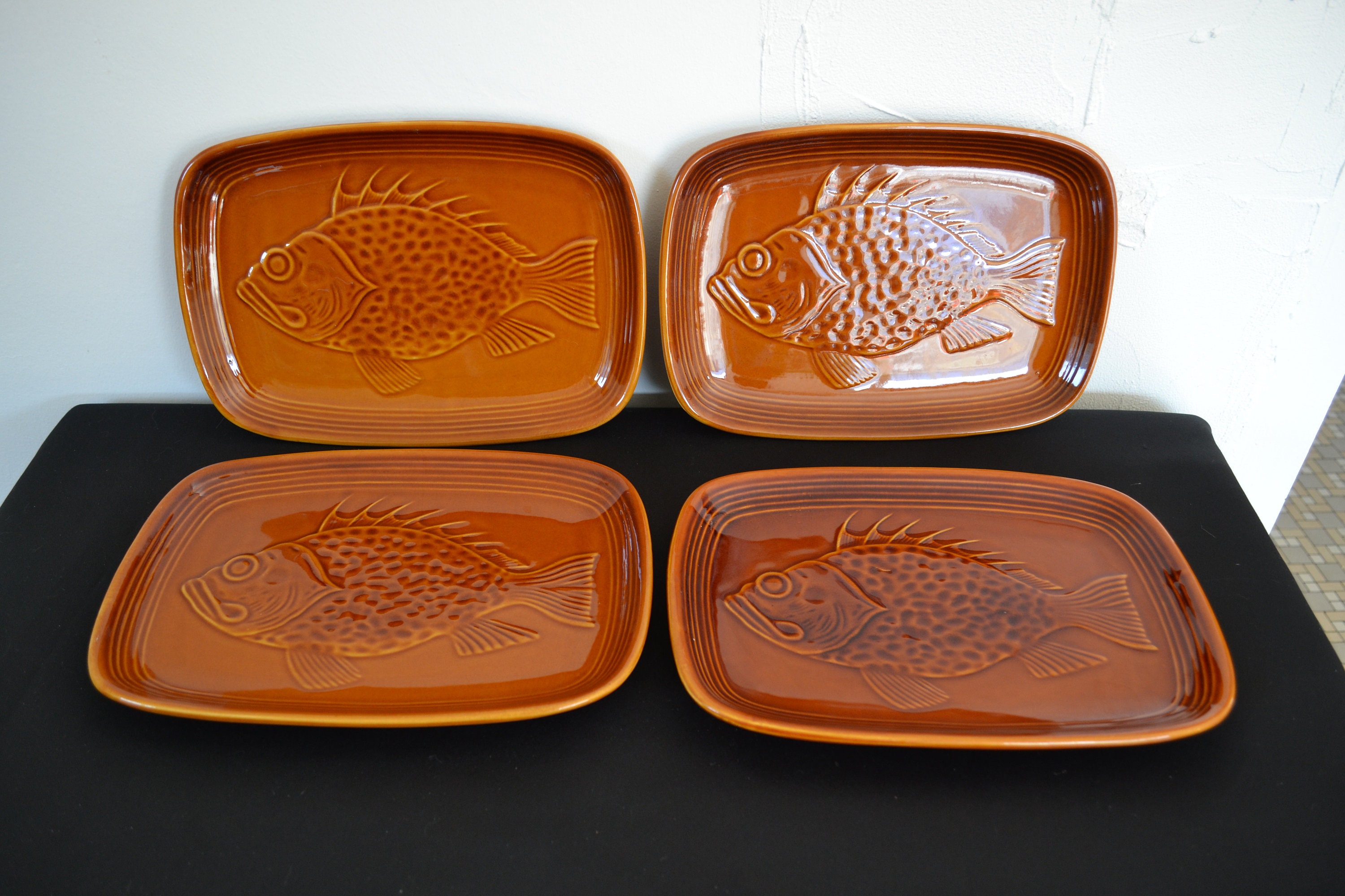 4 Assiettes Saint-Clément Barbotine Vintage Décor Poisson Numérotées