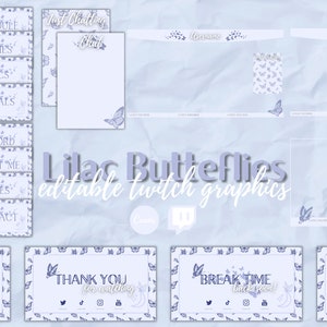 Lilac Butterflies Twitch/Streaming Graphics Kit - Editable Canva Template, PNG, aesthetic, pastel overlays, panels, waiting screens