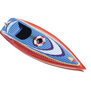 May include: A red and blue toy boat with a life preserver design. The boat is made of tin and has a wind-up key.