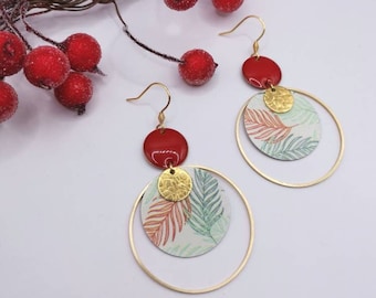 Boucles d'oreilles pendantes, fantaisie, motifs fleurs, rouge et doré, original