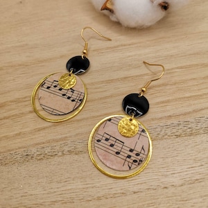 Music-themed dangle earrings, black and beige. An original Christmas gift idea.