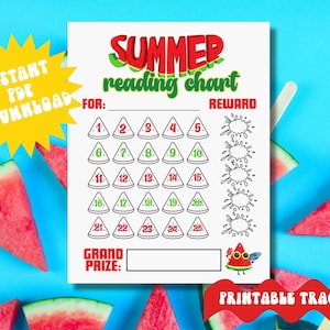 May include: A white printable summer reading chart with watermelon slice graphics. The chart includes spaces for tracking reading progress, a reward section, and the text "Summer Reading Chart". A yellow starburst graphic says "Instant PDF Download".