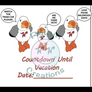 May include: Three cartoon seagulls wearing white shirts with a red "W" on them. The seagulls are holding a piece of food in their beaks. The text "Countdown Until Vacation" is written in red and black letters. The text "Date: Creations" is written in red letters.