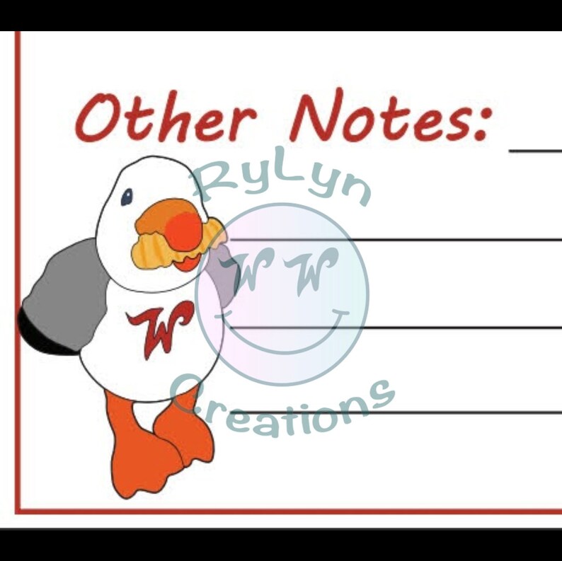 May include: A white seagull with a red "W" on its chest is holding a french fry in its beak. The seagull is standing on a white background with the text "Other Notes:" in red at the top. The text "Rylyn W Creations" is in a circle below the seagull.