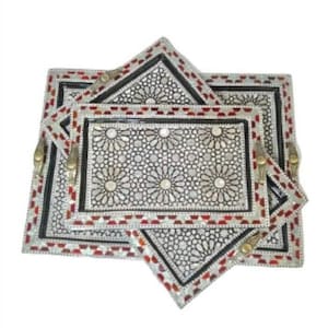 Mother Of Pearl Inlaid 3 Piece Tray Set Handmade In Egypt