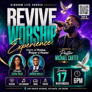 May include: A promotional poster for a church event, featuring the words "REVIVE WORSHIP EXPERIENCE" in large, bold letters. The poster includes images of a pastor, minister, and elder, along with event details such as the date, time, and location.