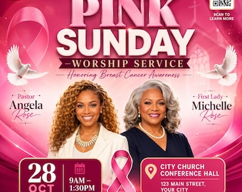 Pink Sunday Church Flyer Template, Breast Cancer Awareness Worship Service (Digital Download)