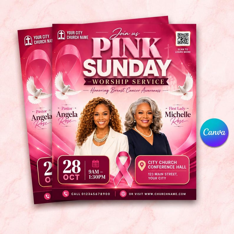 Pink Sunday Church Flyer Template, Breast Cancer Awareness Worship ...