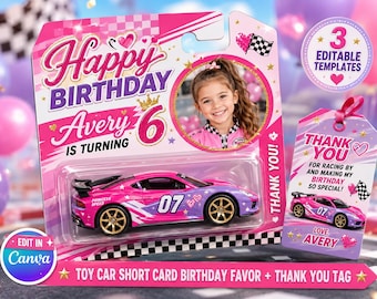 Pink Race Car Birthday Favor Card Template, Editable Canva Thank You Tag (Instant Download)