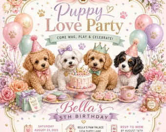 Editable Puppy Birthday Invitation, Pink Dog Party Canva Template (Digital Download)