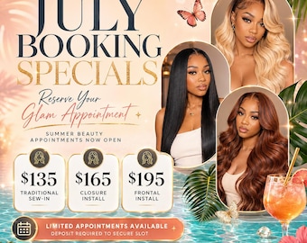 July Booking Specials Flyer Template, Summer Glam Beauty Price List (Digital Download)