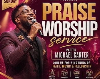 Editable Praise Worship Church Flyer Canva Template (Digital Download)