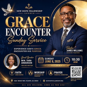 Peut inclure: Graphique promotionnel pour le service du dimanche de New Hope Fellowship Church, avec le texte "GRACE ENCOUNTER" en or. L'image comprend un portrait du pasteur James Williams et des détails sur l'événement.