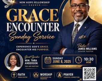 Grace Encounter Church Flyer Template, Navy Blue Gold Worship Event (Digital Download)