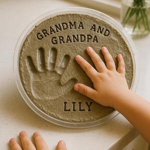May include: A round, gray handprint kit with the words "GRANDMA AND GRANDPA" and the name "LILY" imprinted. A child's hand rests on the surface, creating a lasting memory. The kit is in a clear plastic container.