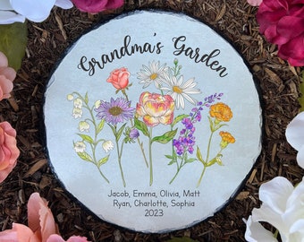 Garden Stone, Personalized Garden Stone, Garden Stone With Birth Flowers, Birth Flowers Gift, Birth Flowers Garden Stone, Gift For Grandma