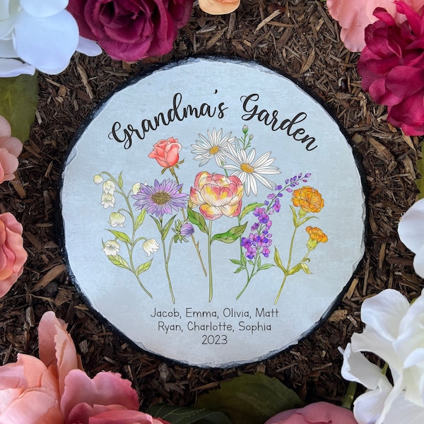 Garden Stone, Personalized Garden Stone, Garden Stone With Birth Flowers, Birth Flowers Gift, Birth Flowers Garden Stone, Gift For Grandma