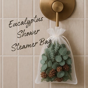 May include: A white mesh bag filled with eucalyptus leaves and pine cones hangs from a brass shower fixture. The text "Eucalyptus Shower Steamer Bag" is written on the wall in a script font.