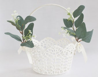 Flower Girl Basket | Eucalyptus | Lace Basket | Lace Flower Girl Basket | Flower Girl Baskets | Wedding Basket | White Basket | Flower Girls