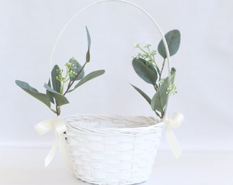 Flower Girl Basket | Eucalyptus | Woven Basket | Wave Flower Girl Basket | Flower Girl Baskets | Wedding Basket | White Basket | LARGE size