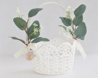 Personalized Flower Girl Basket | Eucalyptus | Lace Basket | Lace Flower Girl Basket | Flower Girl Basket | Wedding Basket | White Basket