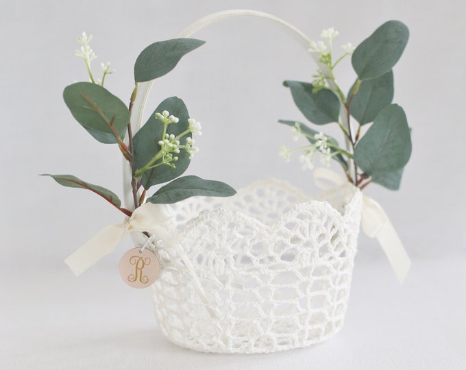Personalized Flower Girl Basket Eucalyptus Lace Basket Etsy