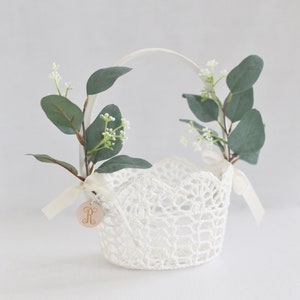 Personalized Flower Girl Basket | Eucalyptus | Lace Basket | Lace Flower Girl Basket | Flower Girl Basket | Wedding Basket | White Basket