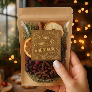 May include: A clear, resealable bag filled with winter simmer pot ingredients. The bag contains dried orange slices, cinnamon sticks, cranberries, star anise, and evergreen sprigs. A gold label reads "Winter Simmer Pot Abundance".