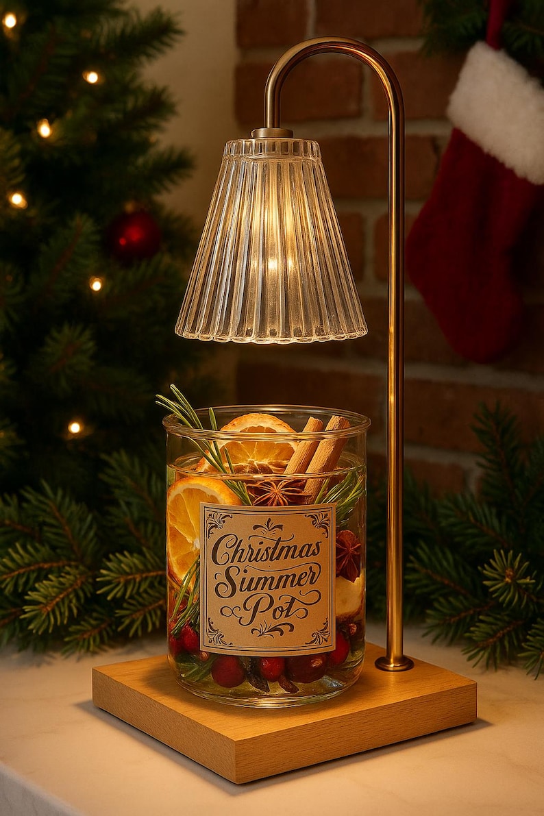 May include: A festive glass jar with the text "Christmas Summer Pot" containing orange slices, cinnamon sticks, and cranberries, lit by a lamp with a ribbed glass shade. The lamp has a gold-coloured metal frame and sits on a wooden base.